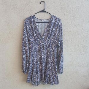 Zara Blue and Cream Floral Long-Sleeve Mini Dress